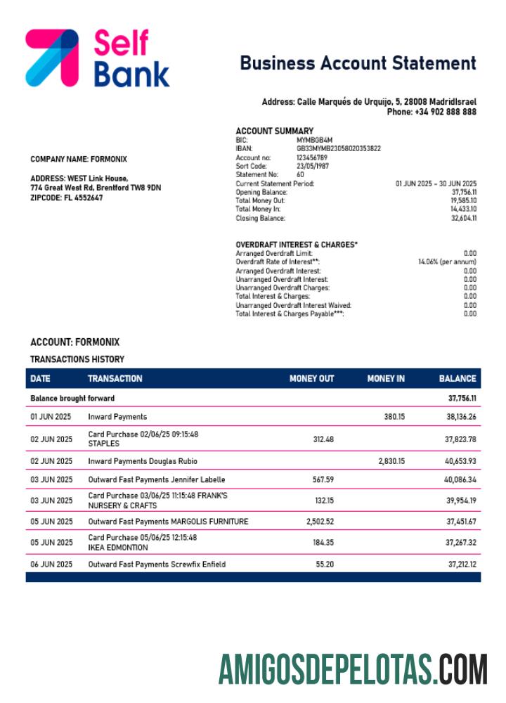 Imprimível Espanha Self Bank Enterprise modelo de extrato de conta Word e PDF